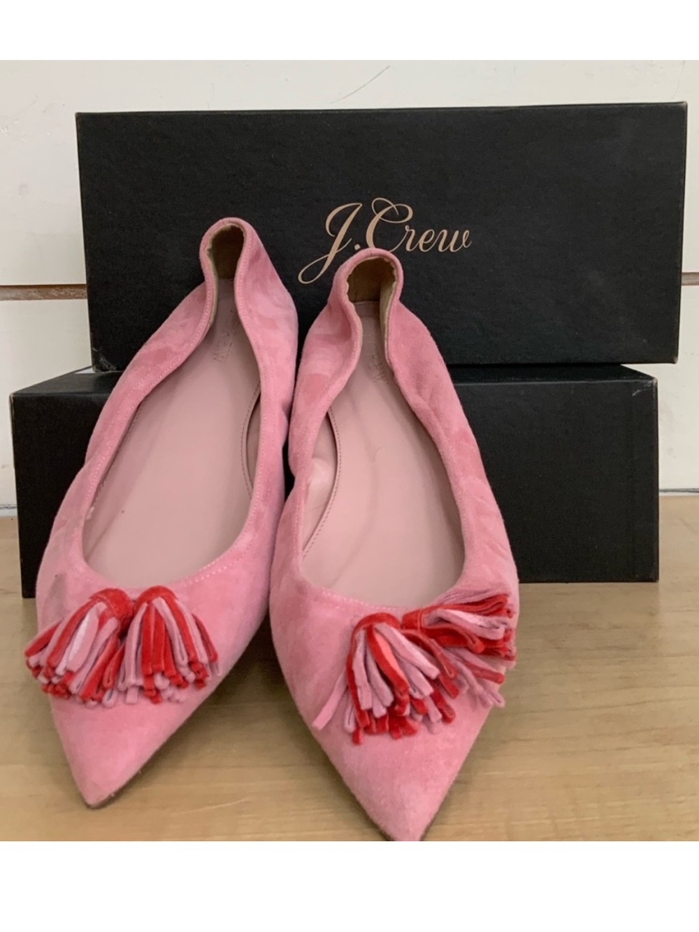J. Crew Lottie Suede Pink Tassel Pointed Toe  Flats